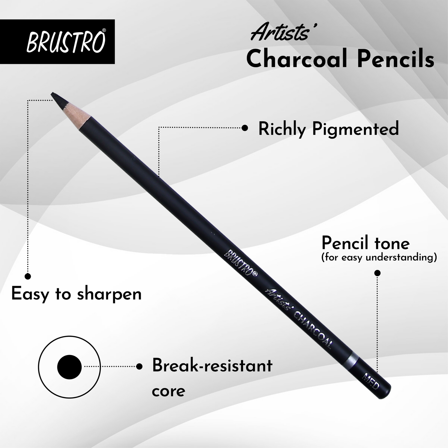 BRUSTRO Artists Charcoal Pencil - Set of 4 (3 Black Shade - Soft, Medium, Hard and 1 White - Medium)