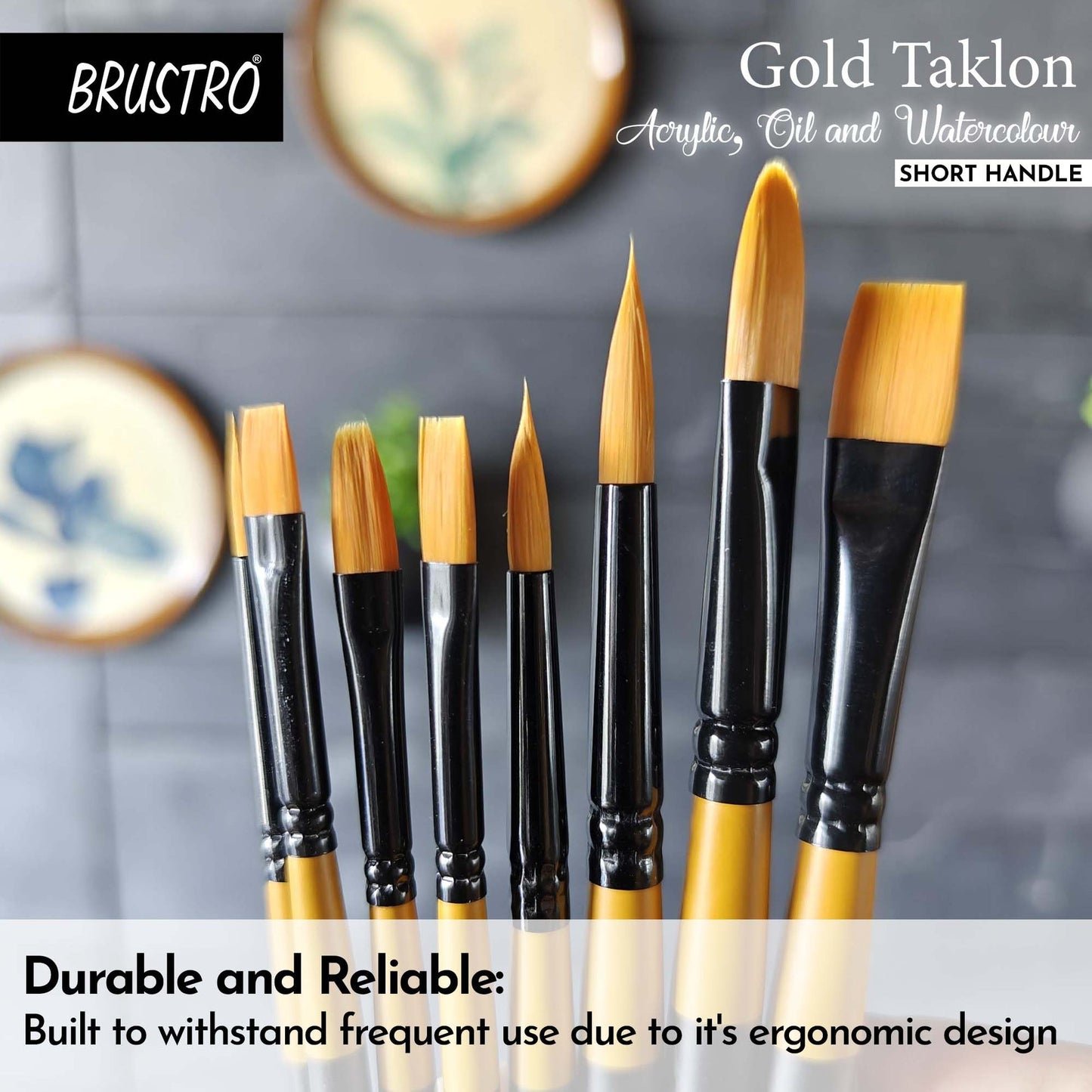 BRUSTRO Gold Taklon Artist Brush | Set of 8 |Sizes - Round (1,3,5), Bright (2,6), Filbert (2,6), and Flat (2)