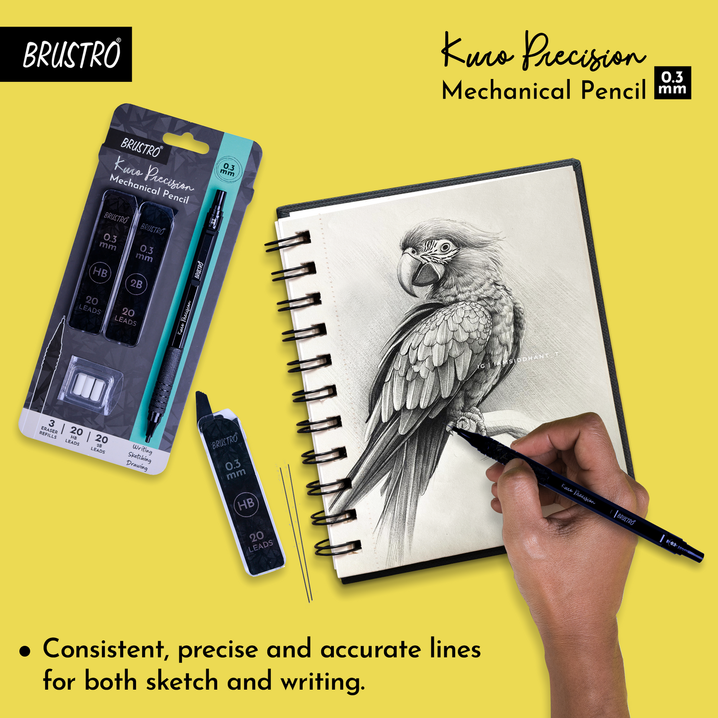 Brustro Kuro Precision Mechanical Pencil | Tip Size - 0.3mm With 20 - HB and 20 - 2B leads , 3 Eraser Refills