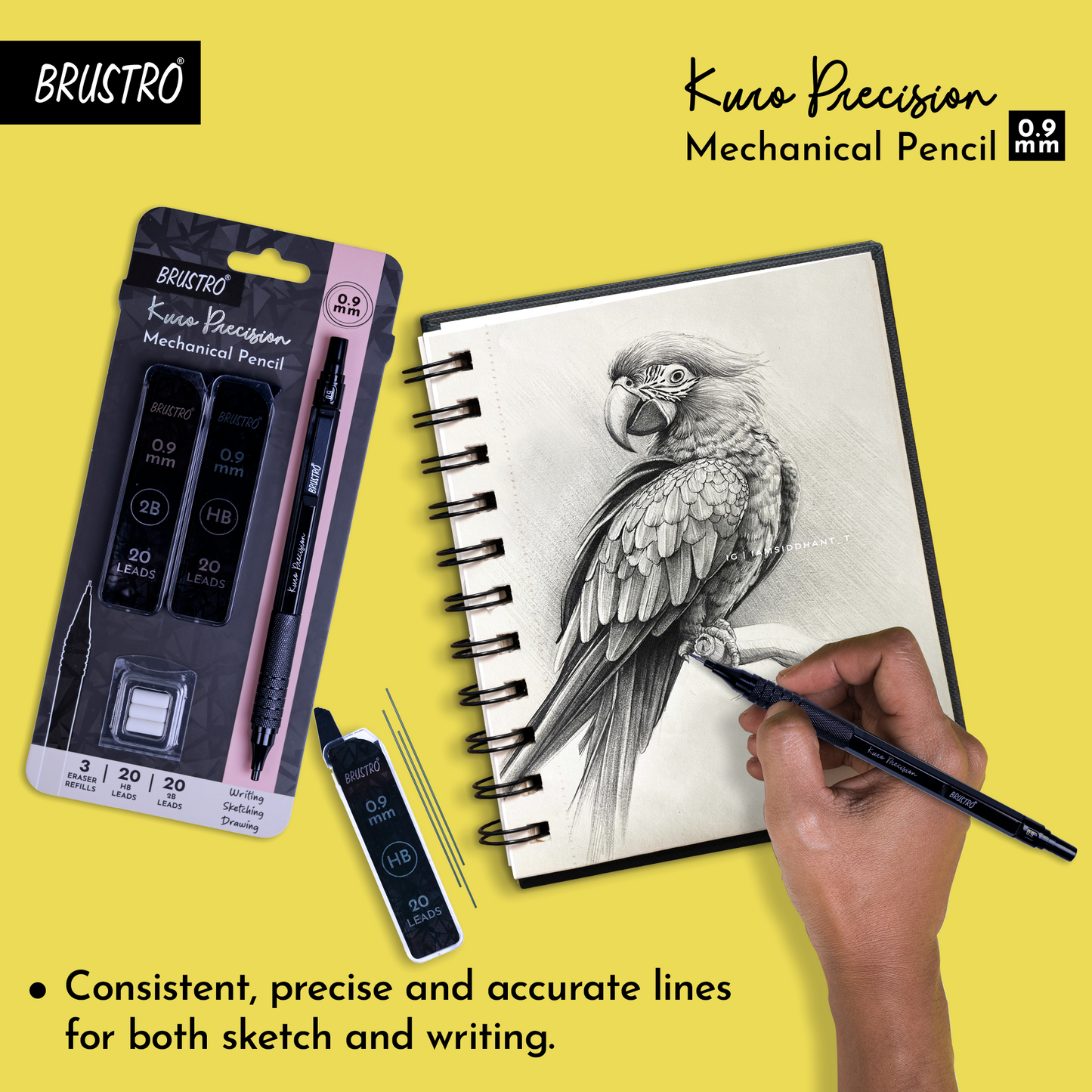 Brustro Kuro Precision Mechanical Pencil | Tip Size - 0.9mm With 20 - HB and 20 - 2B leads , 3 Eraser Refills