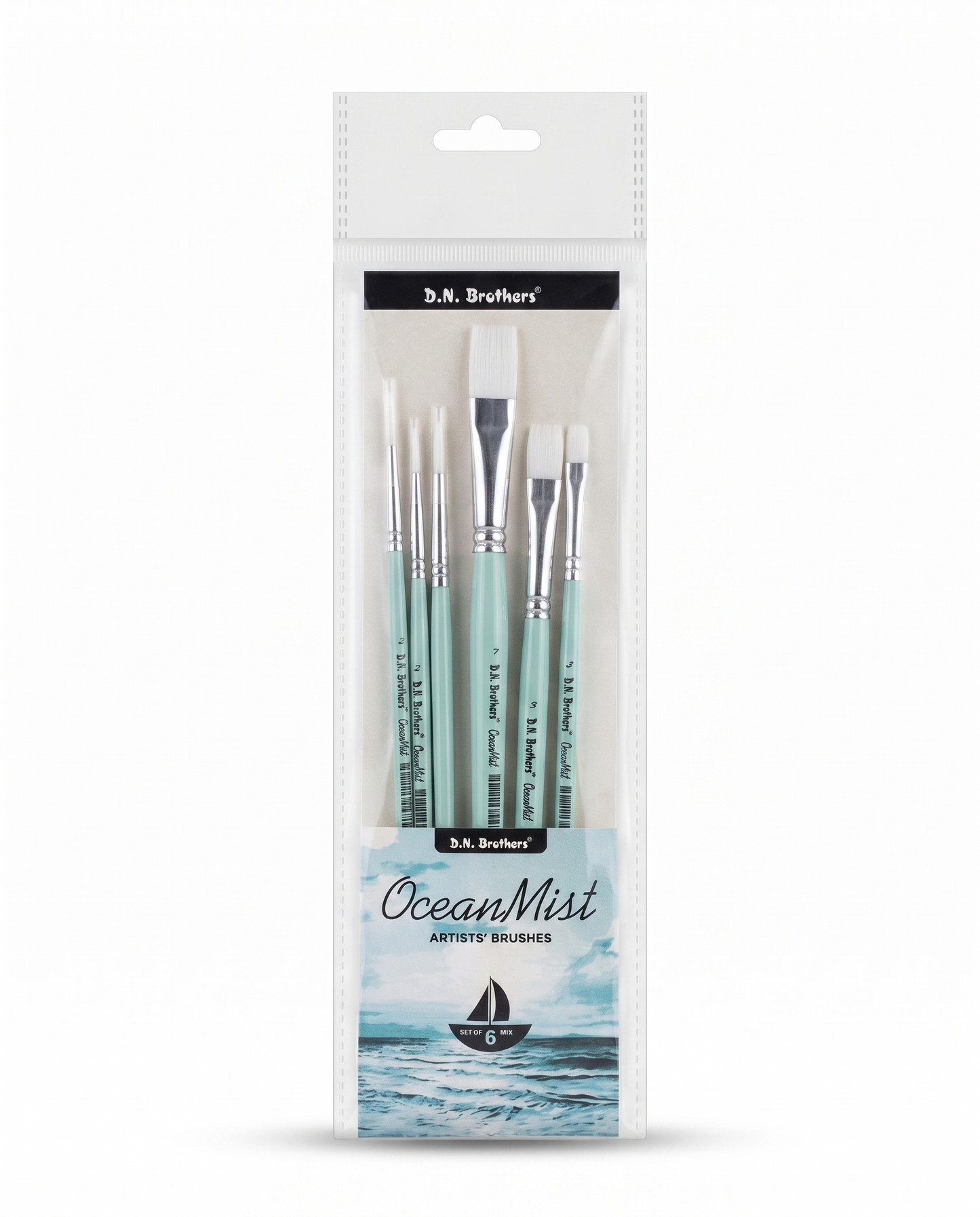 D.N. Brothers OceanMist Artists' Brushes - Mixed Set of 6 (Round 2,3,5 & Flat 2,5,7)