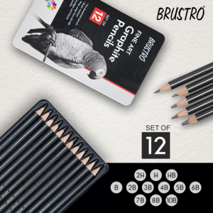 BRUSTRO Fine Art Graphite Pencil Set |10B - 2H | Pack of 12 with Elegant Tin Box