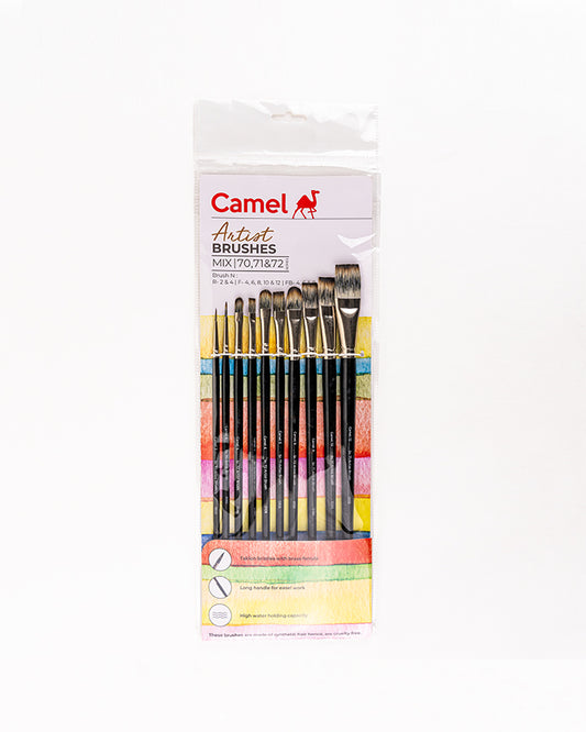 Camel Artist Long Handle Brushes - 10 brushes, Round - Series 70, Flat - Series 71 & Filbert - Series 72