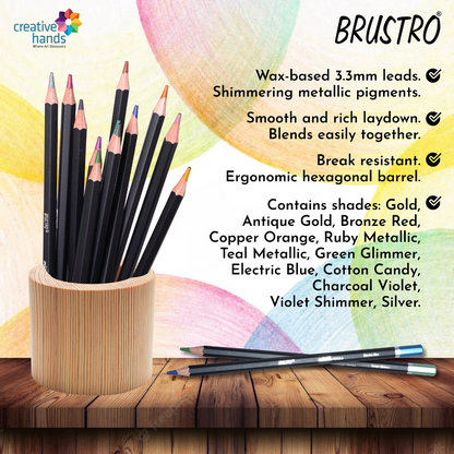 BRUSTRO Artist Metallic Colour Pencil Set of 12 Shades, 3.3mm lead | Wax-based, Ergonommic
