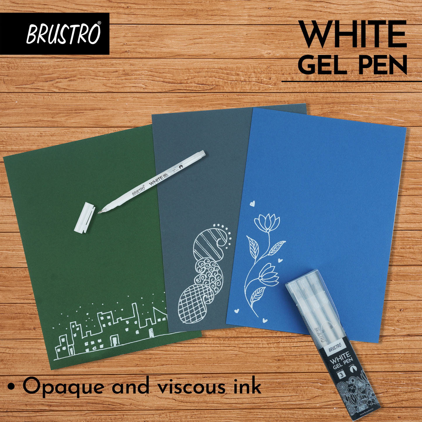 BRUSTRO White Gel Pen | Tip size -1 mm|Pack of 3