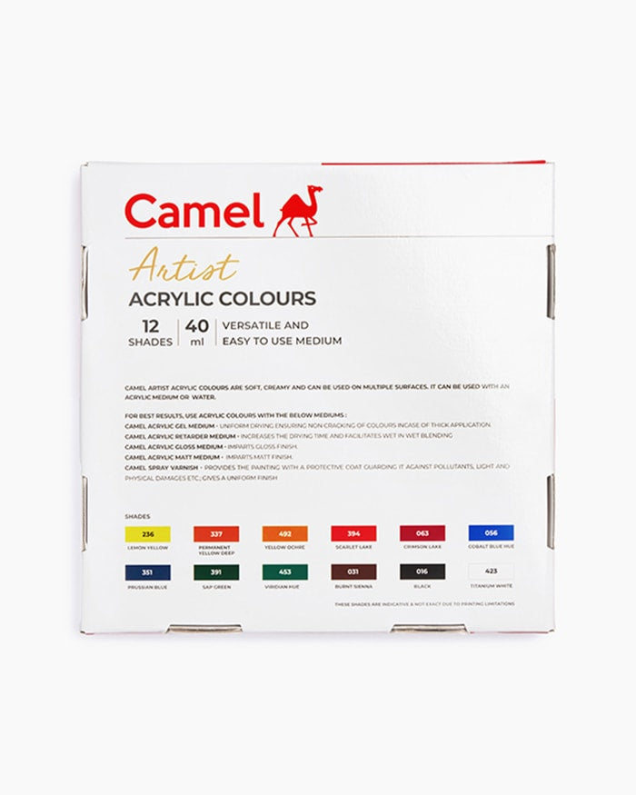 Camel Artist Acrylic Colours - 12 shades in 40 ml with Mediums