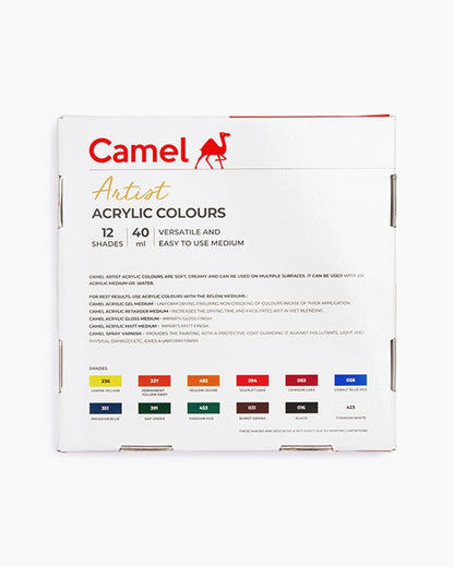 Camel Artist Acrylic Colours - 12 shades in 40 ml with Mediums