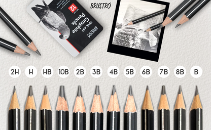BRUSTRO Fine Art Graphite Pencil Set |10B - 2H | Pack of 12 with Elegant Tin Box