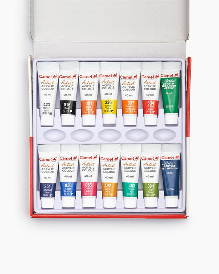 Camel Artist Acrylic Colours - 12 shades in 40 ml with Mediums
