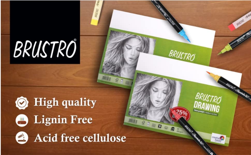 BRUSTRO Drawing Papers | 200 GSM, A4, Pack of 24 (20+4 Sheets) | Ideal for Students and Adults, School, Coloring, Professional Art, Craft, Graphite, Charcoal, Pastels, Sketching, Shading, Drawing