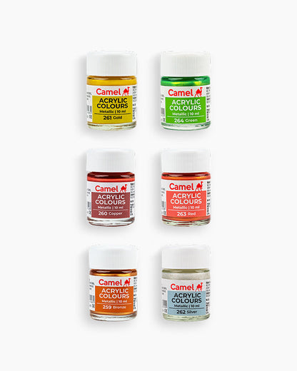 Camel Acrylic Colours - 6 shades in 10 ml, Metallic Range