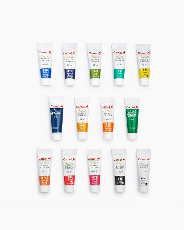 Camel Artist Acrylic Colours - 12 shades in 40 ml with Mediums