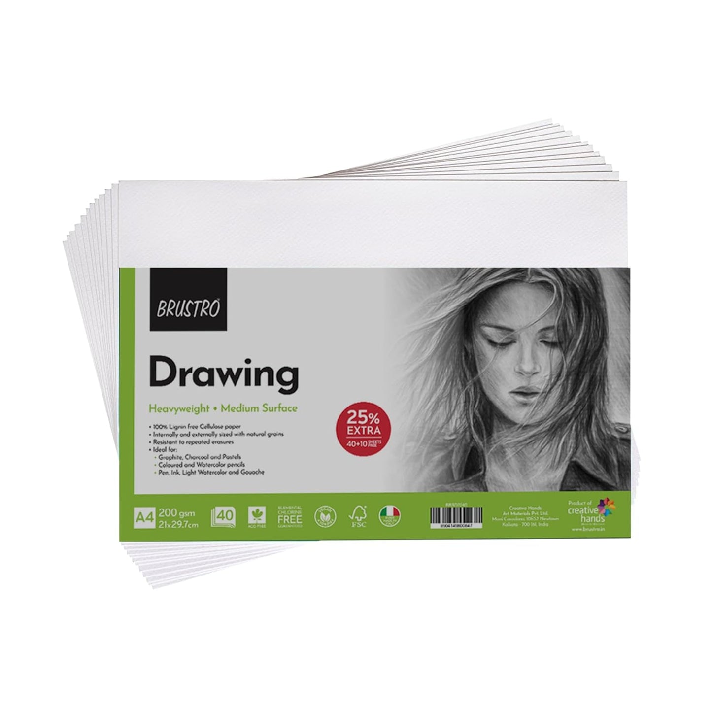 BRUSTRO Drawing Papers | 200 GSM, A4, Pack of 24 (20+4 Sheets) | Ideal for Students and Adults, School, Coloring, Professional Art, Craft, Graphite, Charcoal, Pastels, Sketching, Shading, Drawing