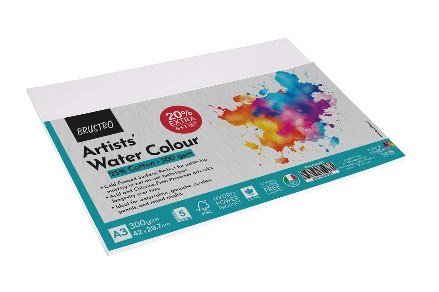 BRUSTRO Artists 25% Cotton Watercolour Paper| 300 GSM,Size A3, Cold Pressed | Pack of 5+1 Sheets |Ideal for Professional Painting, Acrylic, Gouache. Dry & Wet, Fine Art Students.