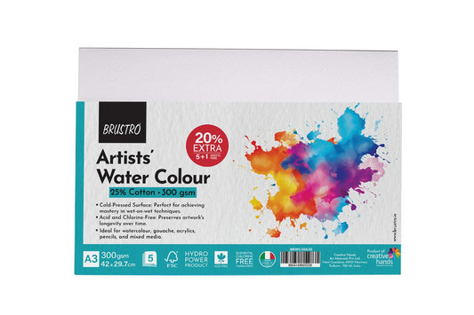 BRUSTRO Artists 25% Cotton Watercolour Paper| 300 GSM,Size A3, Cold Pressed | Pack of 5+1 Sheets |Ideal for Professional Painting, Acrylic, Gouache. Dry & Wet, Fine Art Students.