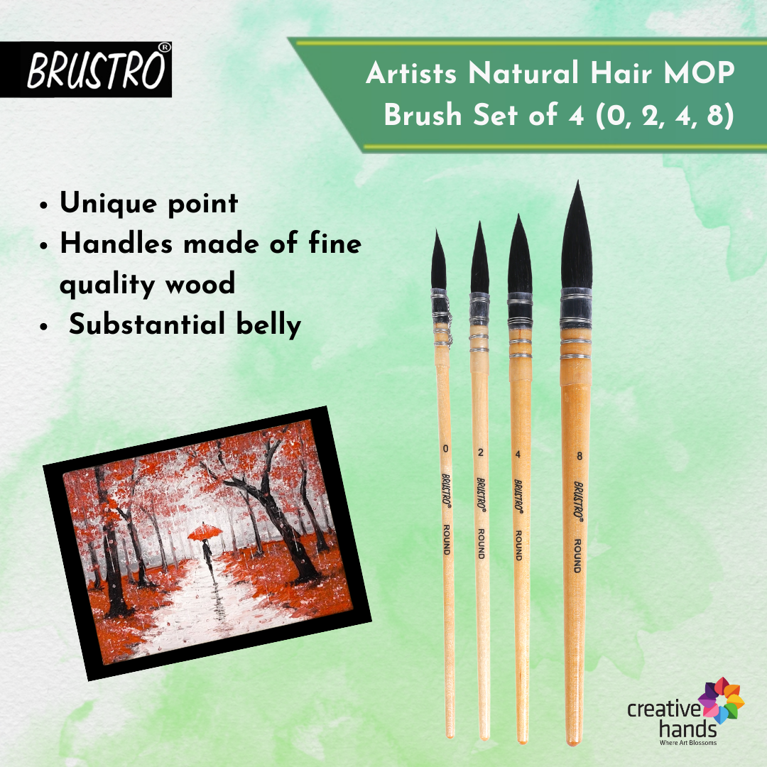 BRUSTRO Artist's Natural Hair MOP Brush | Set of 4 - (0, 2, 4, 8) | Synthetic, Round Paint Brush
