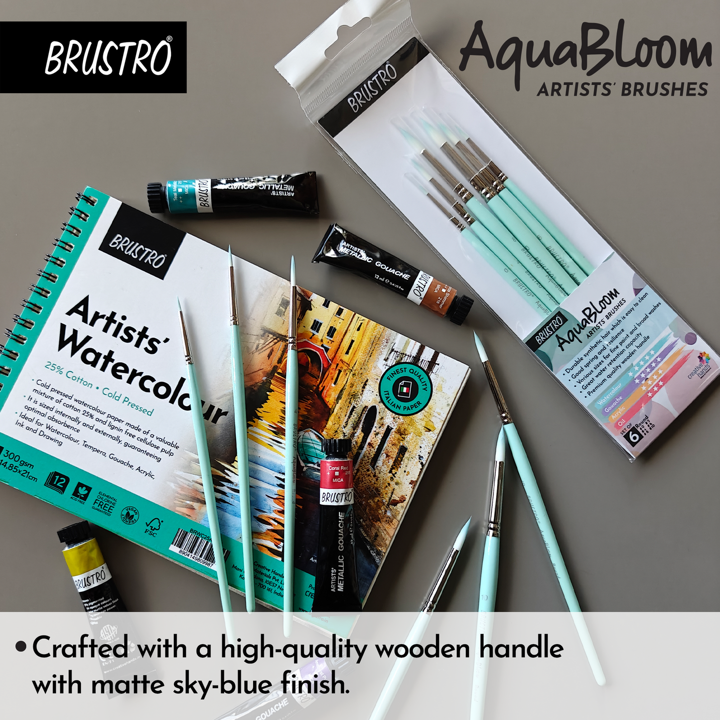 BRUSTRO AquaBloom Artist's Paint Brushes | Round | Set of 6 - Sizes (0, 2, 4, 6, 8, 10) | Wooden Handle,Synthetic Bristles