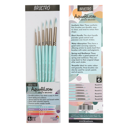 BRUSTRO AquaBloom Artist's Paint Brushes | Round | Set of 6 - Sizes (0, 2, 4, 6, 8, 10) | Wooden Handle,Synthetic Bristles
