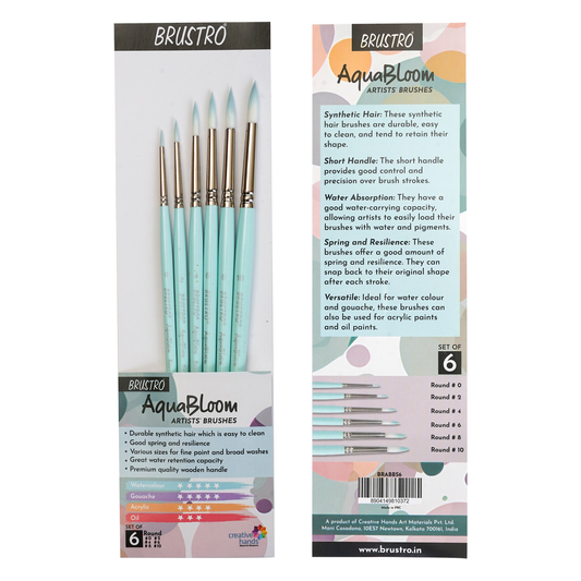 BRUSTRO AquaBloom Artist's Paint Brushes | Round | Set of 6 - Sizes (0, 2, 4, 6, 8, 10) | Wooden Handle,Synthetic Bristles