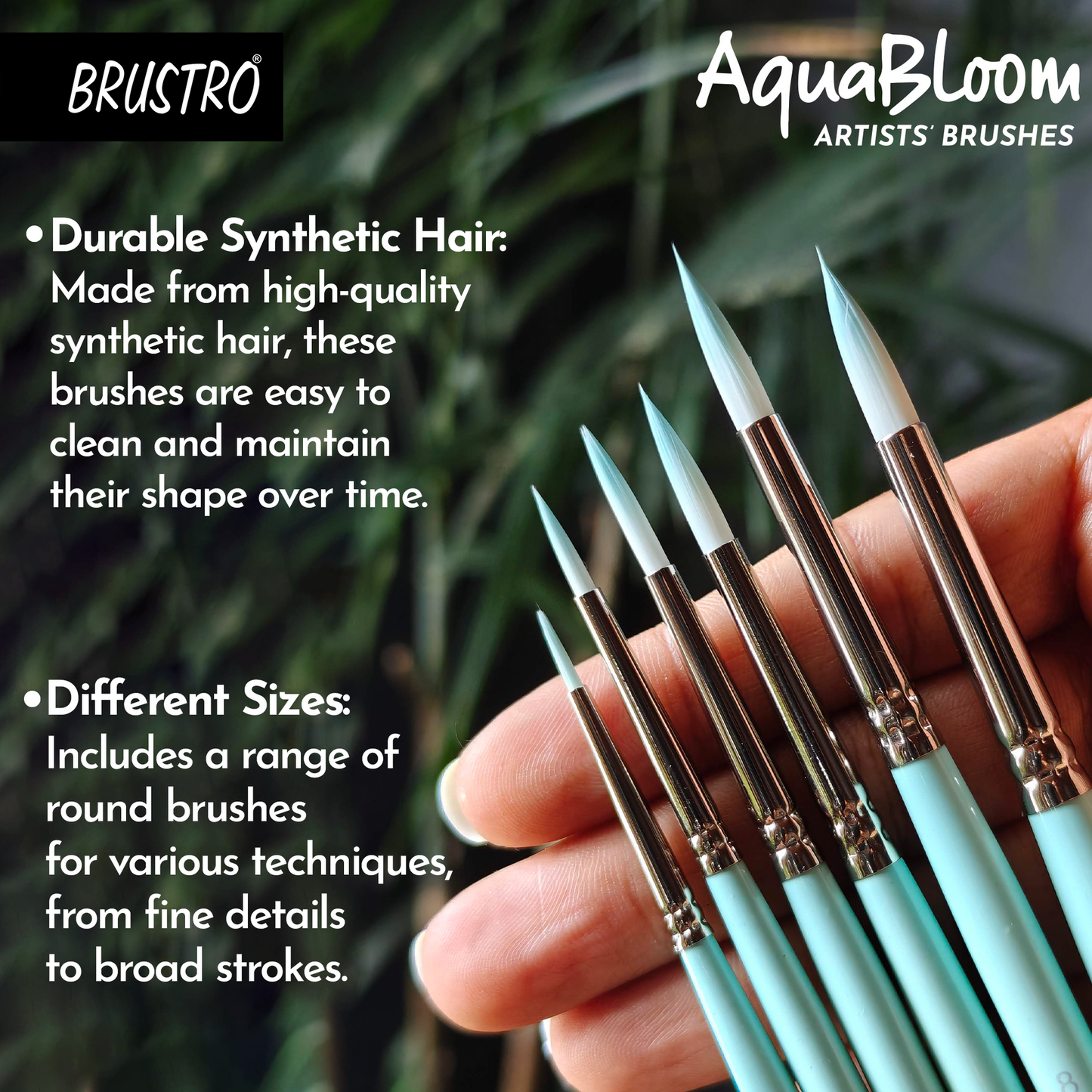 BRUSTRO AquaBloom Artist's Paint Brushes | Round | Set of 6 - Sizes (0, 2, 4, 6, 8, 10) | Wooden Handle,Synthetic Bristles