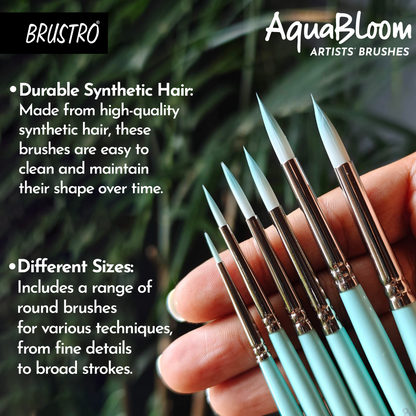 BRUSTRO AquaBloom Artist's Paint Brushes | Round | Set of 6 - Sizes (0, 2, 4, 6, 8, 10) | Wooden Handle,Synthetic Bristles