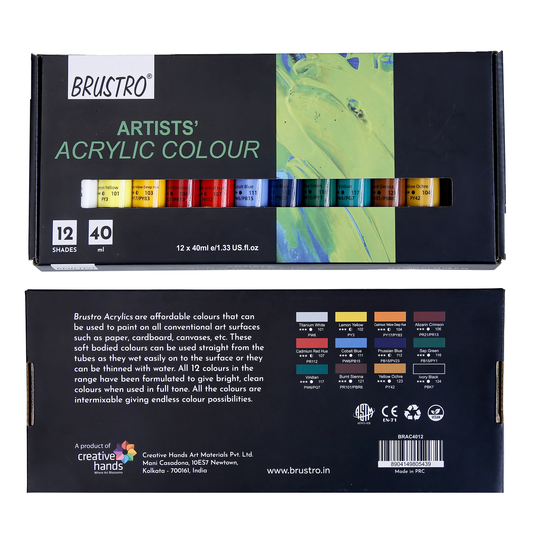 BRUSTRO Artists Acrylic Colour Paint - Set of 12, 40ml Color Tubes |Water-based,Inter-mixable