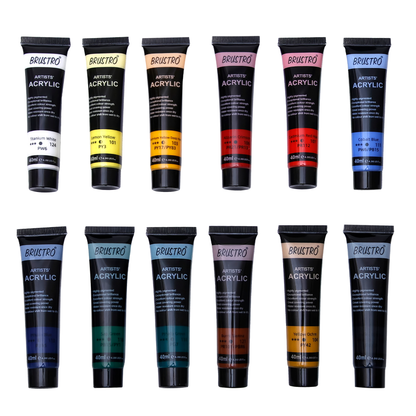 BRUSTRO Artists Acrylic Colour Paint - Set of 12, 40ml Color Tubes |Water-based,Inter-mixable