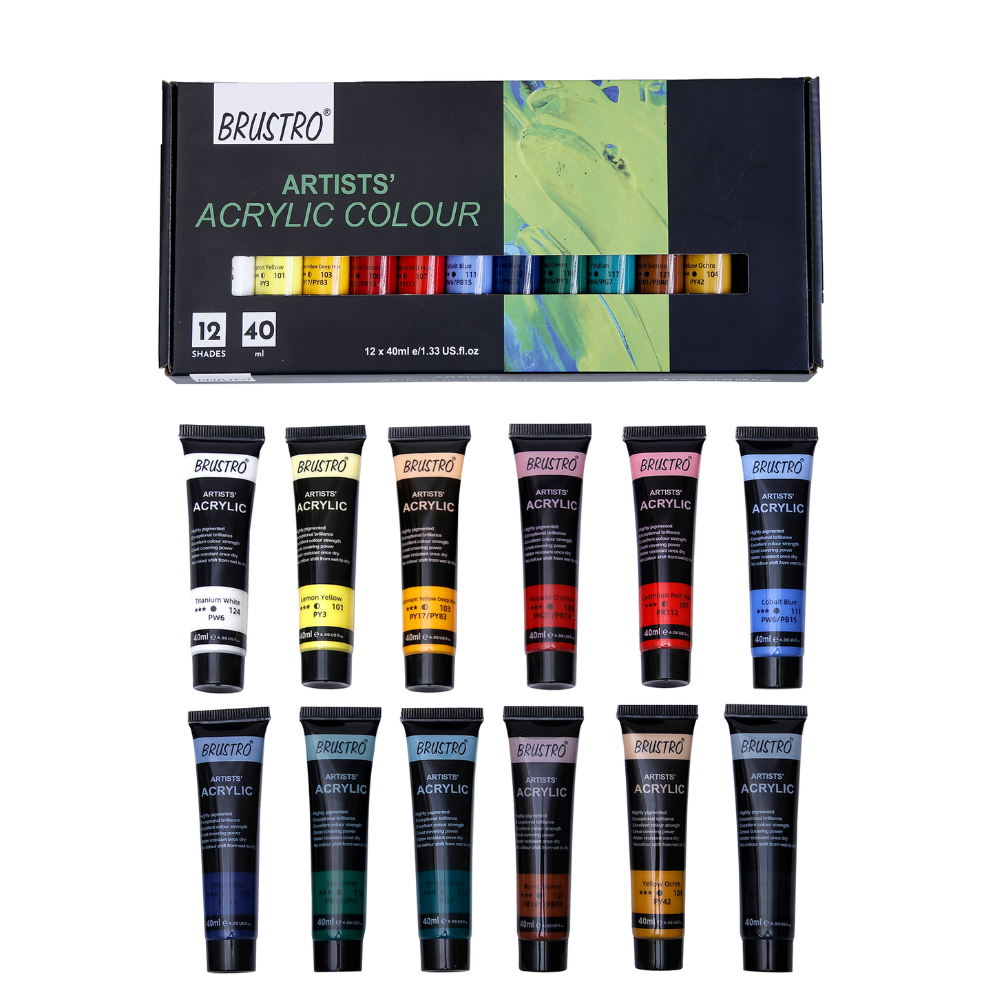 BRUSTRO Artists Acrylic Colour Paint - Set of 12, 40ml Color Tubes |Water-based,Inter-mixable