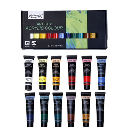 BRUSTRO Artists Acrylic Colour Paint - Set of 12, 40ml Color Tubes |Water-based,Inter-mixable