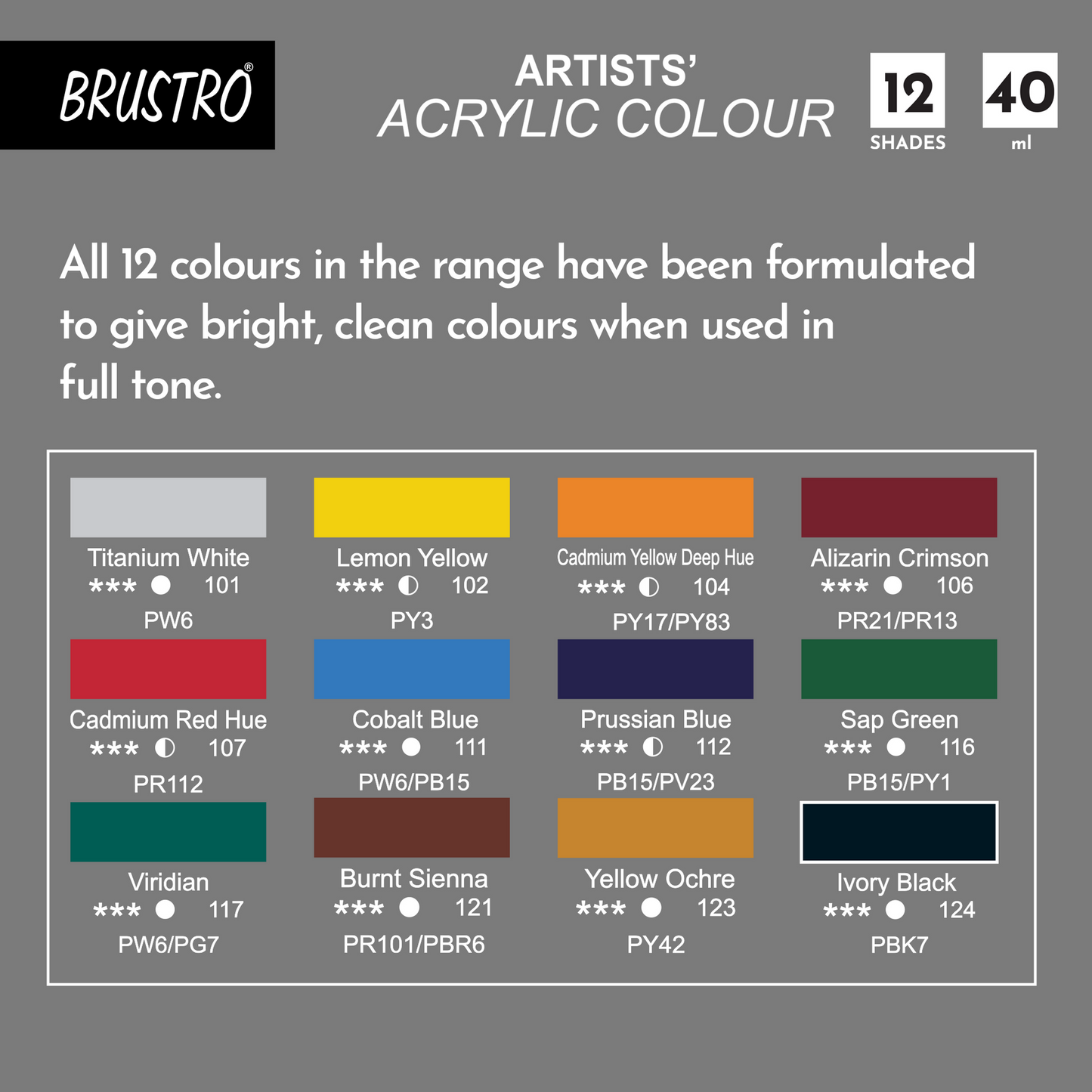BRUSTRO Artists Acrylic Colour Paint - Set of 12, 40ml Color Tubes |Water-based,Inter-mixable