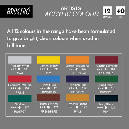 BRUSTRO Artists Acrylic Colour Paint - Set of 12, 40ml Color Tubes |Water-based,Inter-mixable