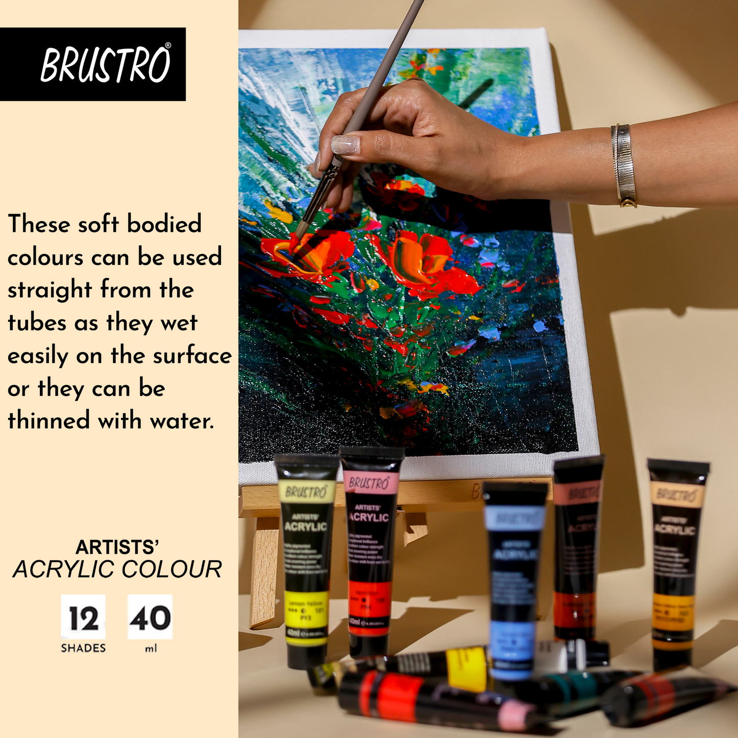 BRUSTRO Artists Acrylic Colour Paint - Set of 12, 40ml Color Tubes |Water-based,Inter-mixable