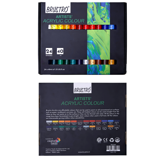 BRUSTRO Artists Acrylic Colour Paint - Set of 24, 40ml Color Tubes |Water-based,Inter-mixable