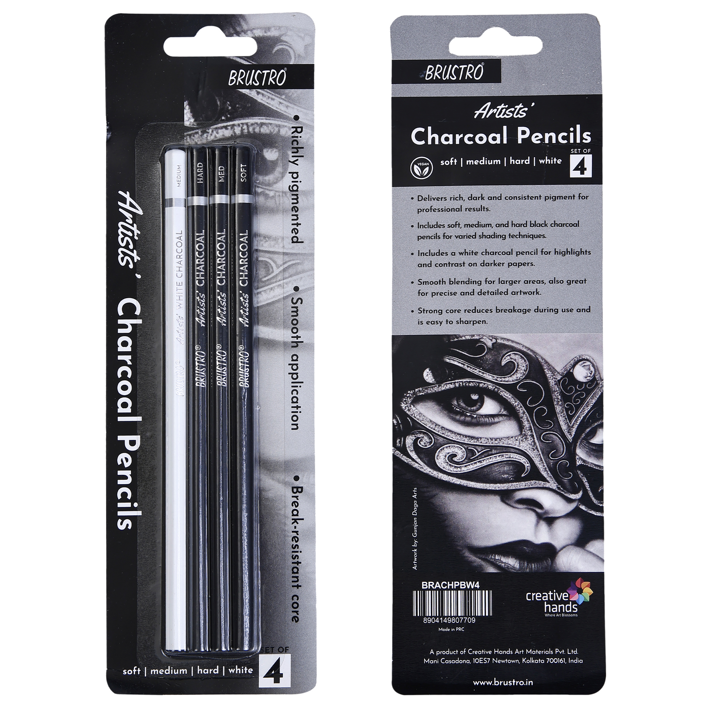 BRUSTRO Artists Charcoal Pencil - Set of 4 (3 Black Shade - Soft, Medium, Hard and 1 White - Medium)