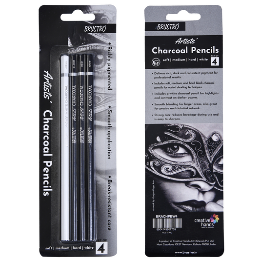 BRUSTRO Artists Charcoal Pencil - Set of 4 (3 Black Shade - Soft, Medium, Hard and 1 White - Medium)