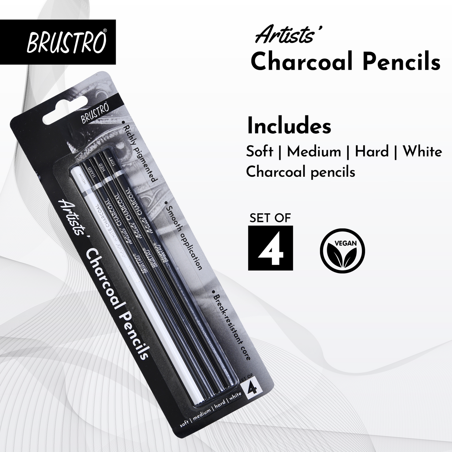 BRUSTRO Artists Charcoal Pencil - Set of 4 (3 Black Shade - Soft, Medium, Hard and 1 White - Medium)