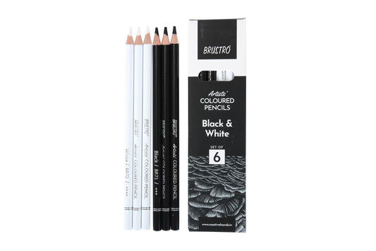BRUSTRO Artists Coloured Pencils | Black & White | Set of 6 ( 3 Whites and 3 Blacks )