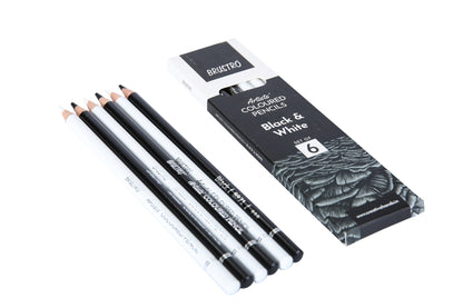 BRUSTRO Artists Coloured Pencils | Black & White | Set of 6 ( 3 Whites and 3 Blacks )