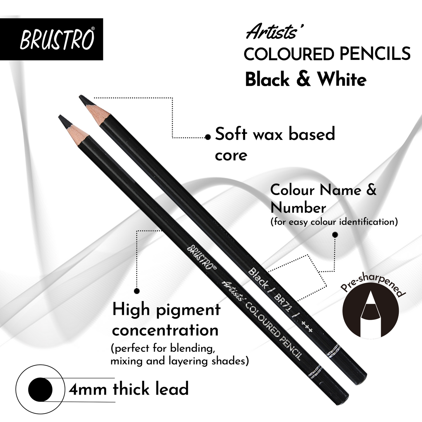 BRUSTRO Artists Coloured Pencils | Black & White | Set of 6 ( 3 Whites and 3 Blacks )