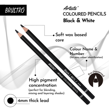 BRUSTRO Artists Coloured Pencils | Black & White | Set of 6 ( 3 Whites and 3 Blacks )