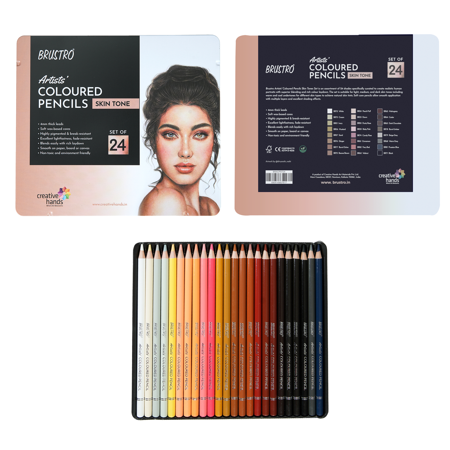 BRUSTRO Artist's Colour Pencil Skin Tone| Set of 24 (in an Elegant tin Box)