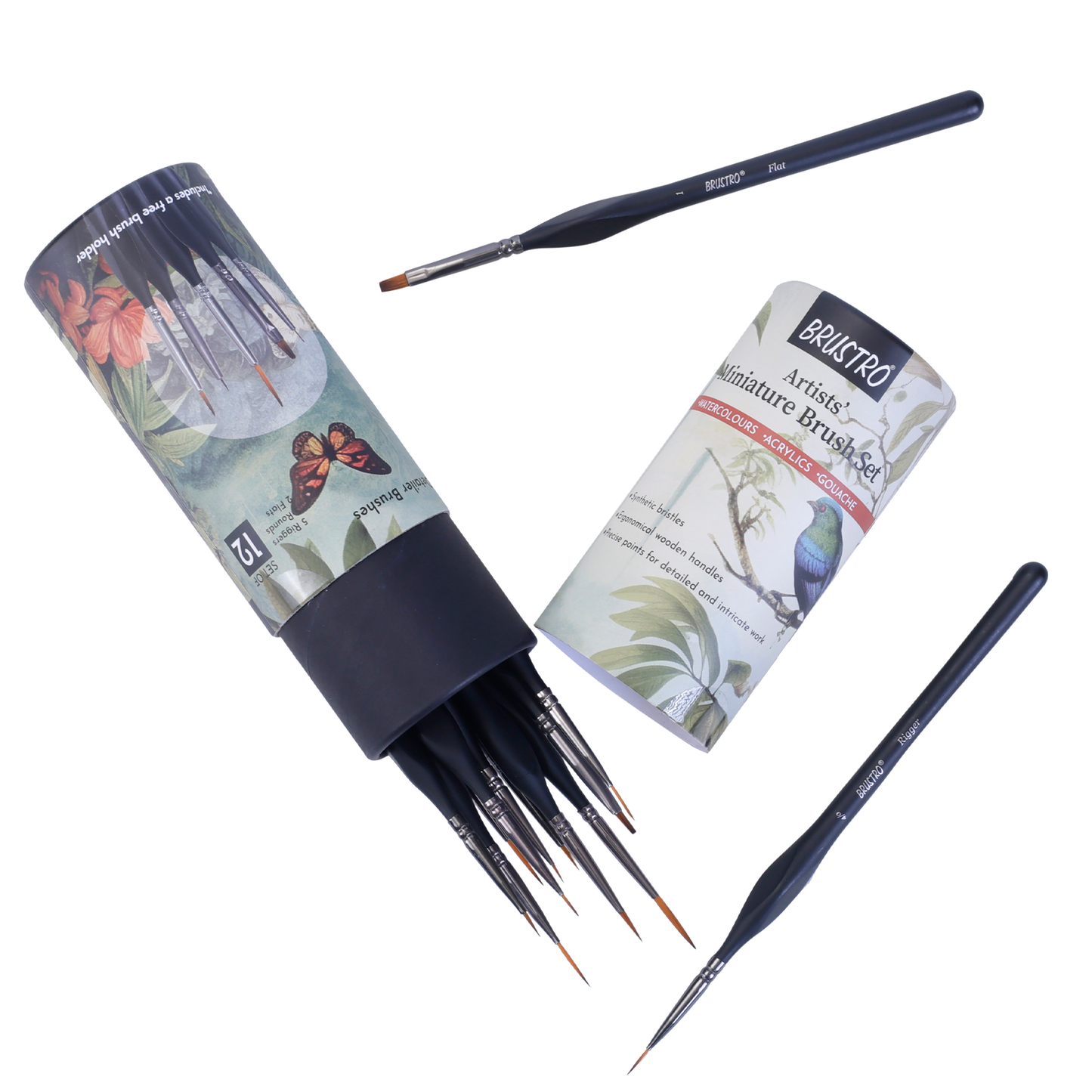 BRUSTRO Artists’ Miniature Precision Brushes - Set of 12 | Synthetic Bristles, Detail Fine Tip