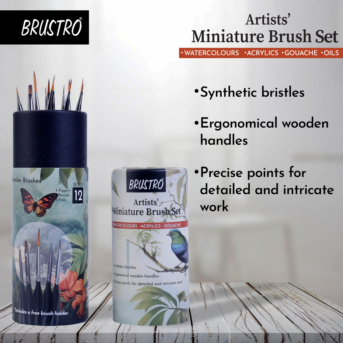 BRUSTRO Artists’ Miniature Precision Brushes - Set of 12 | Synthetic Bristles, Detail Fine Tip