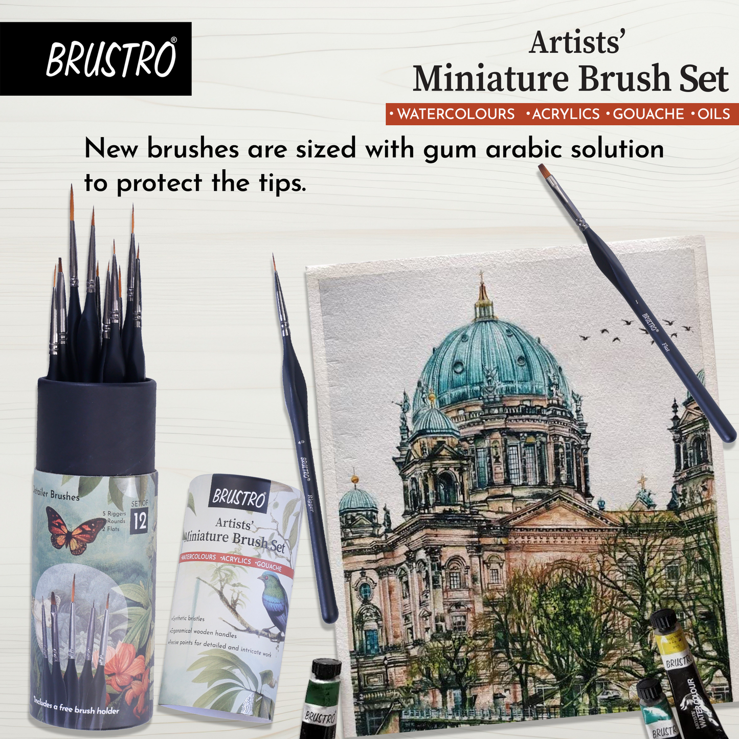 BRUSTRO Artists’ Miniature Precision Brushes - Set of 12 | Synthetic Bristles, Detail Fine Tip