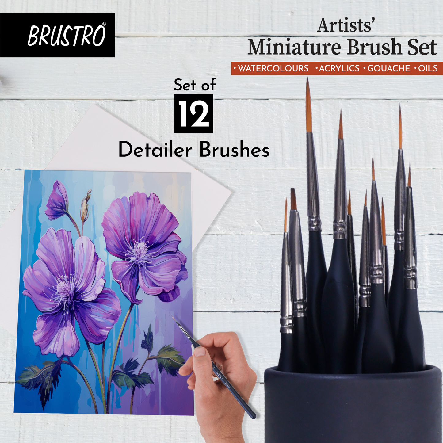 BRUSTRO Artists’ Miniature Precision Brushes - Set of 12 | Synthetic Bristles, Detail Fine Tip
