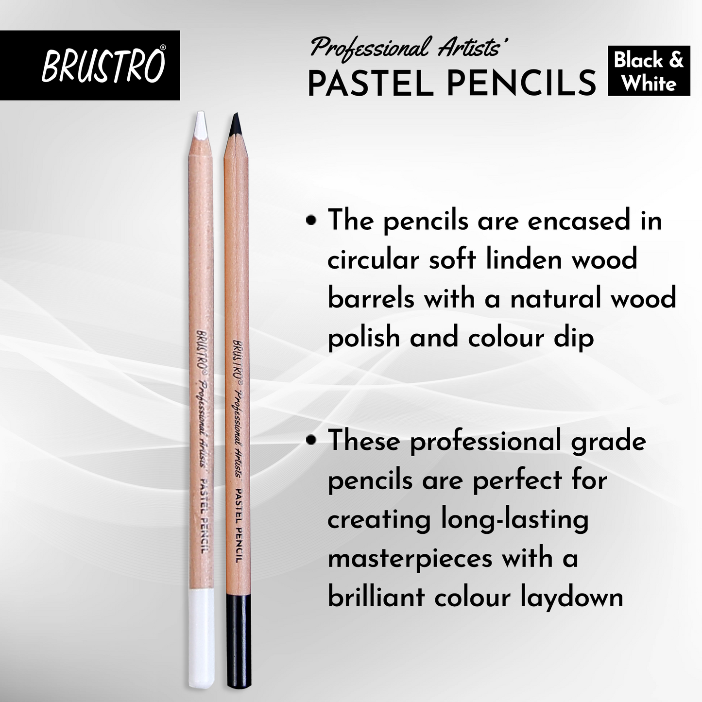 Brustro Professional Artists’ Pastel Pencils - Set of 6 (3 Black and 3 White) 4mm Leads, Pre-Sharpened