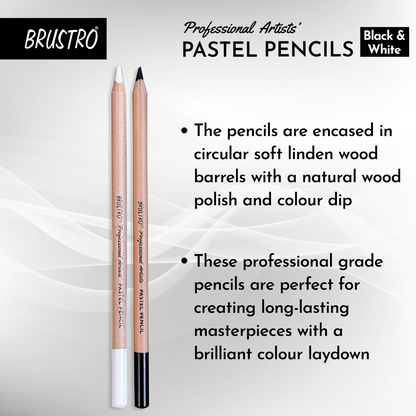 Brustro Professional Artists’ Pastel Pencils - Set of 6 (3 Black and 3 White) 4mm Leads, Pre-Sharpened