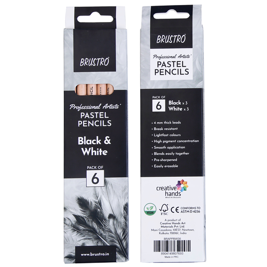 Brustro Professional Artists’ Pastel Pencils - Set of 6 (3 Black and 3 White) 4mm Leads, Pre-Sharpened