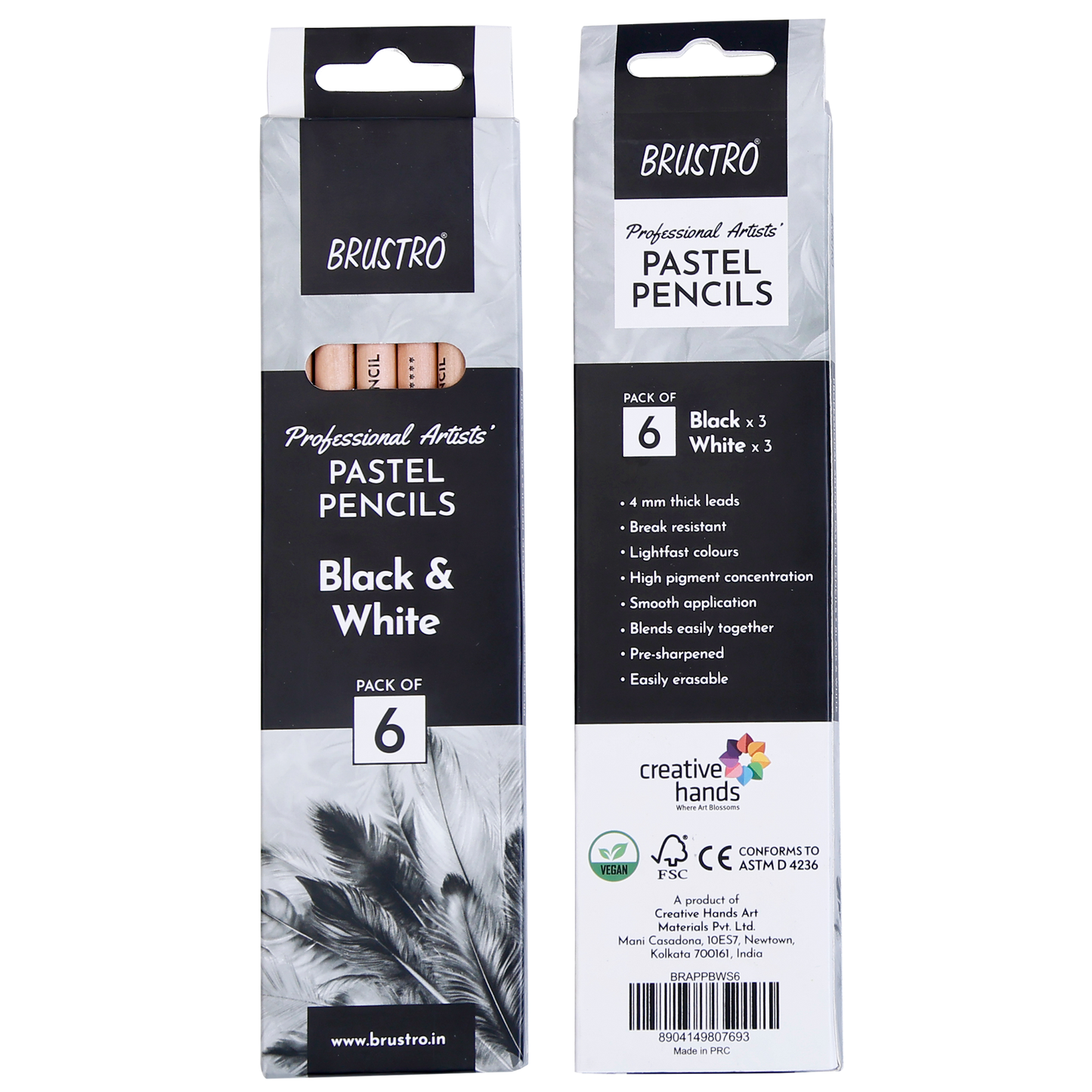 Brustro Professional Artists’ Pastel Pencils - Set of 6 (3 Black and 3 White) 4mm Leads, Pre-Sharpened