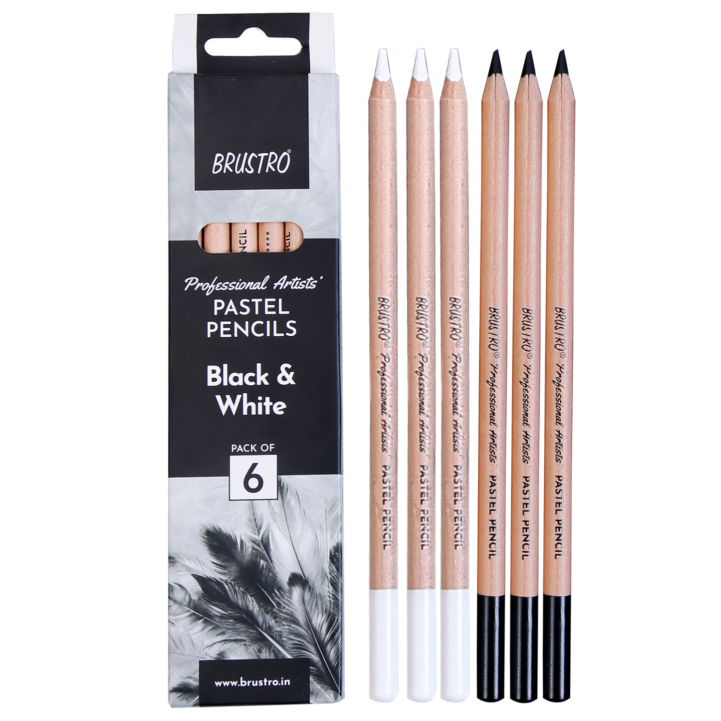 Brustro Professional Artists’ Pastel Pencils - Set of 6 (3 Black and 3 White) 4mm Leads, Pre-Sharpened